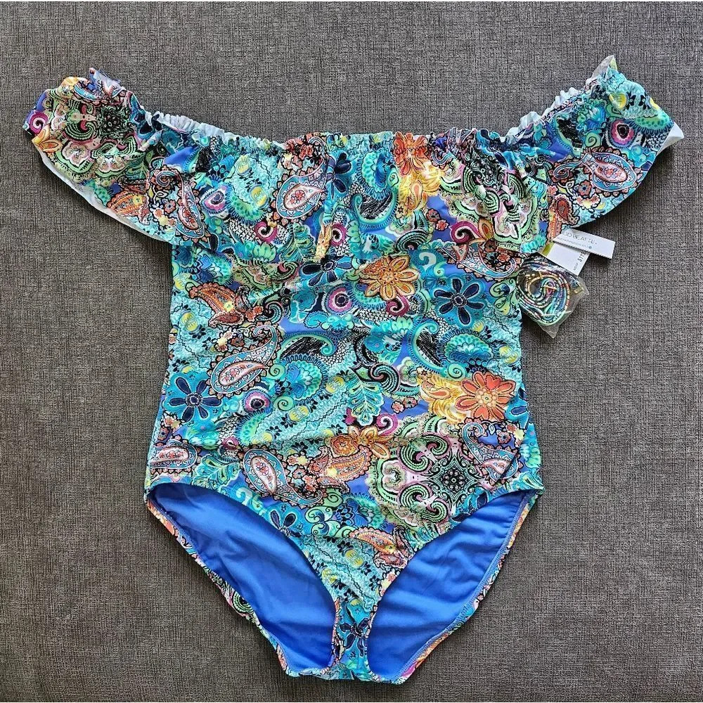 Bleu Rod Beattie Let Loose Off-The-Shoulder Ruffle Paisley One Piece Swimsuit 8